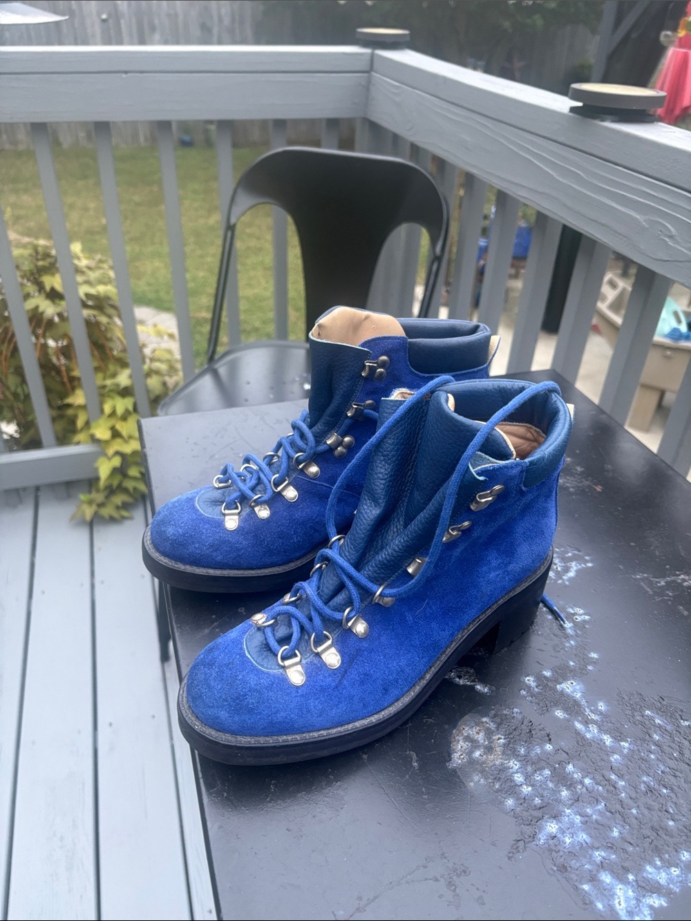 Blue Suede Lace-Up Heeled Ankle Boots